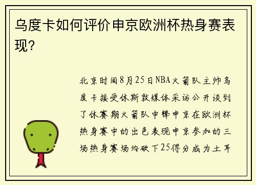 乌度卡如何评价申京欧洲杯热身赛表现？